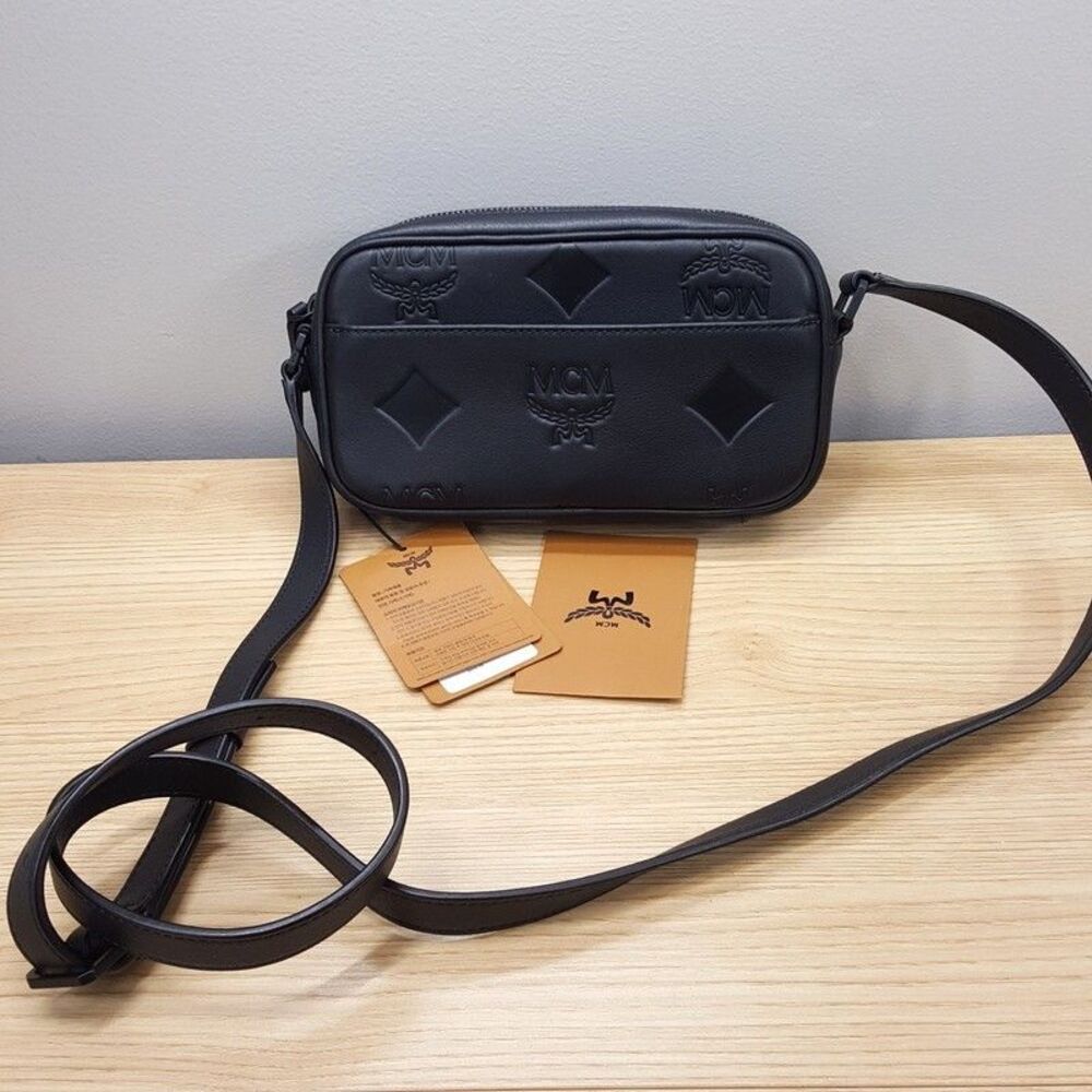 MCM Black Leather AREN Crossbody Monogram Logo $830 Authentic Luxury